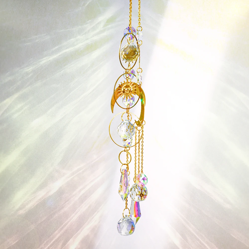 Suncatcher Hanging Crystal Sun and Moon Catcher Pendants Wind Chimes Rainbow Prism Window Drop Bell Christmas Tree Home Decor