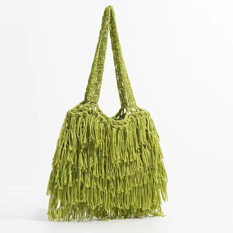 

2023 New Fashion Tassel Women Cotton Knitting Tote Bags Solid Color Female Handwoven Shoulder Bags Casual Handbags Phone Purses