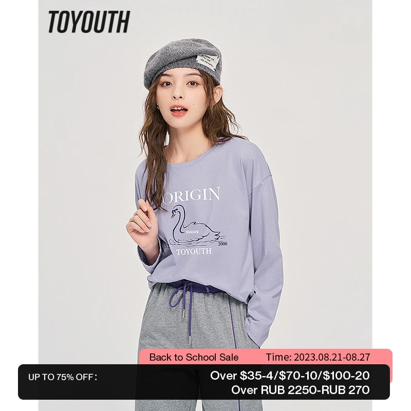 

Toyouth Women Tees 2023 Spring Long Sleeve O Neck Loose Tshirt Swan Rabbit Printed Comfort Chic Basic All Match Casual Tops