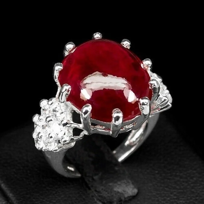 

PIGEON BLOOD RED RUBY RING CABOCHON OVAL 21.30CT. natural fine jewelry real pure 925 STERLING SILVER