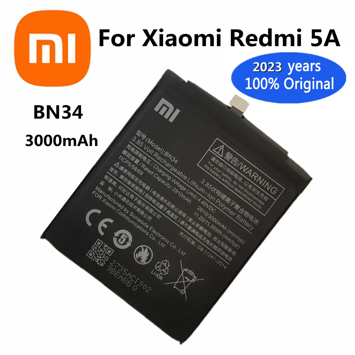 Оригинальный аккумулятор BN34 xiao mi 2023 года для XIAOMI Redmi 5A 2910 мАч Высококачественный Сменный аккумулятор для телефона батареи