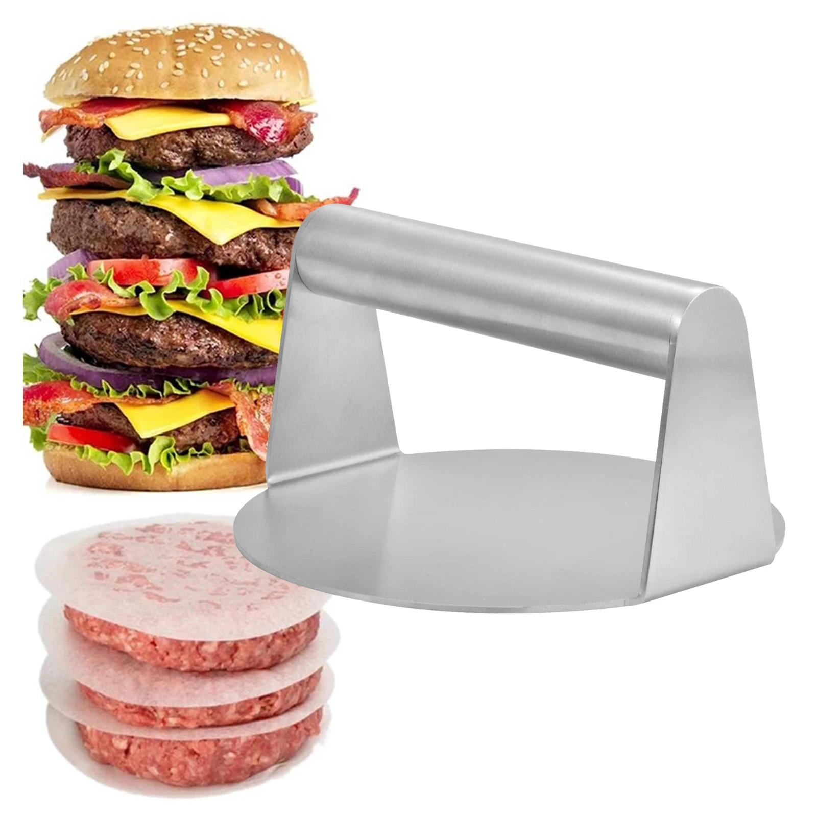 Prensa de hamburguesas de acero inoxidable antiadherente, herramienta de prensado de hamburguesas de mano, herramientas de fabricación de pasteles de carne, accesorios de cocina