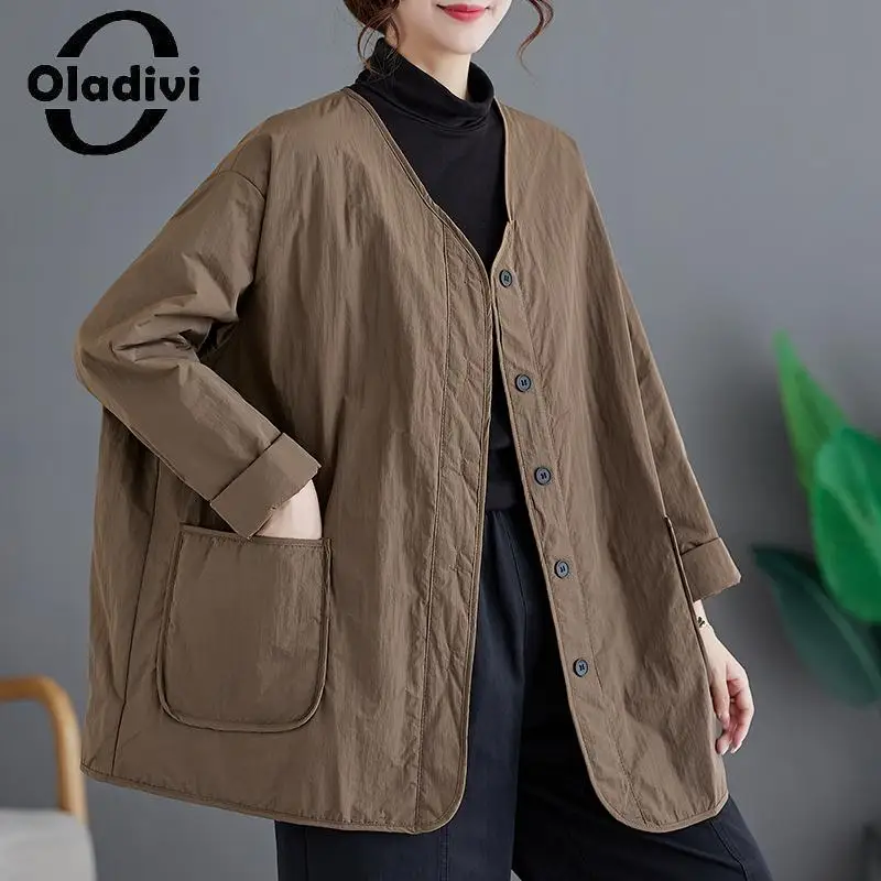 

Куртка Oladivi Женская тонкая на хлопковом наполнителе, батальных размеров, Осень-зима 2023, Новые повседневные свободные пальто, Женская одежда оверсайз, 5XL 8002
