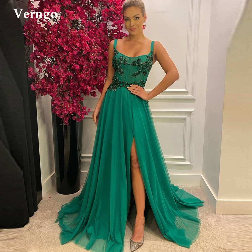 

Verngo A Line Green Tulle Prom Dresses Straps Applique Side Slit Floor Length Evening Gowns Long Party Formal Event Dress