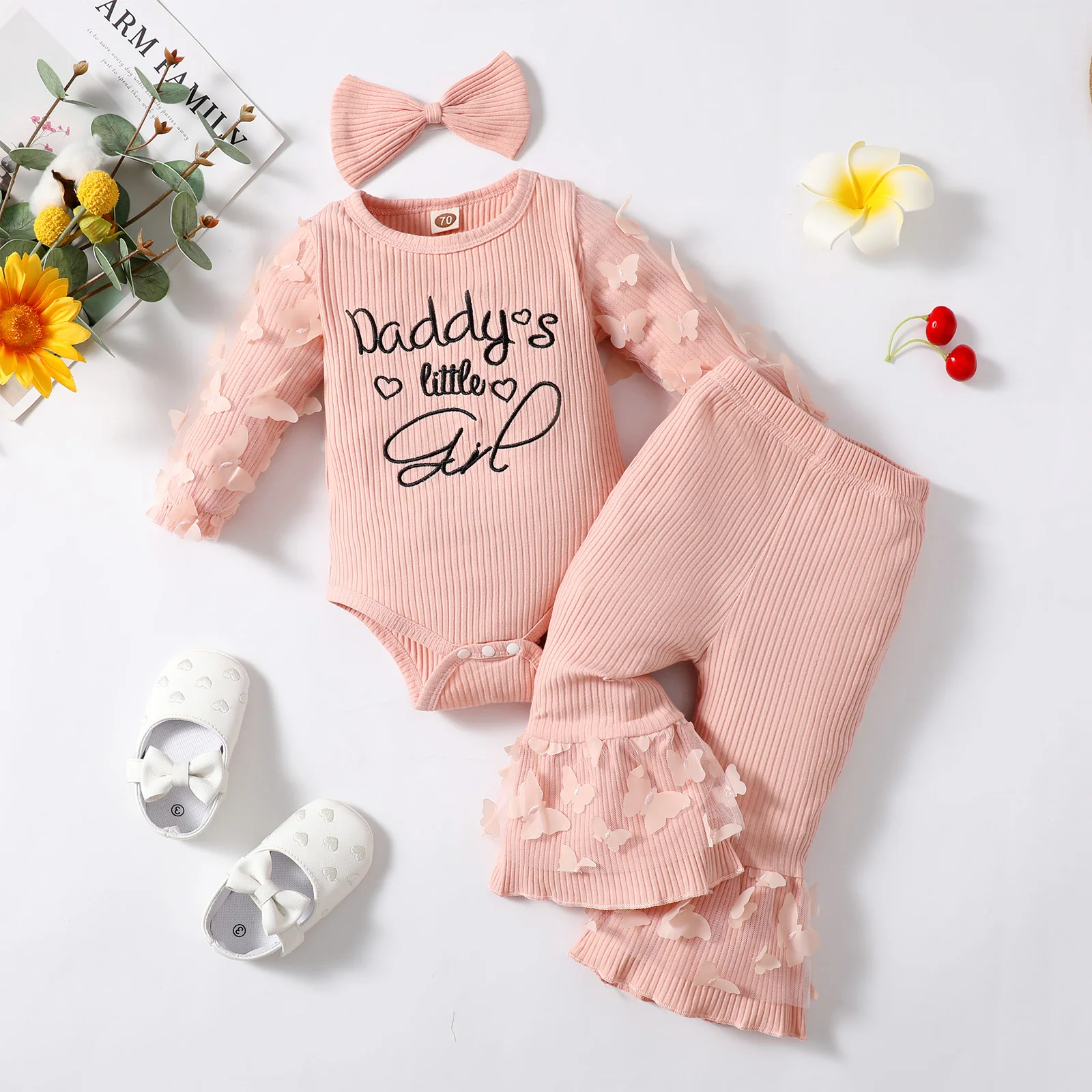 3Pcs Newborn Girl Clothes Set 3 Months Baby Girl Clothes Toddler Girl Outfits Baby Bodysuit + Bow Pants Infant Kids Clothing