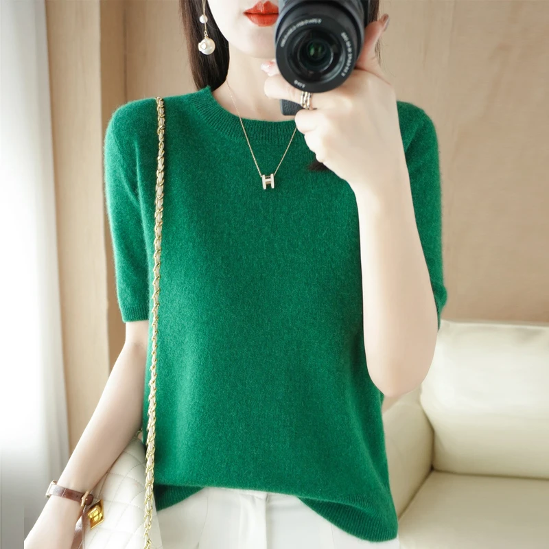 Women Sweater Short Sleeves O-neck Bottoming Shirts Solid Spring Summer Korean Fashion Knit Tops Casual Basic Pullovers