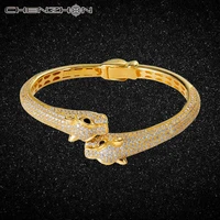 chenzhon double leopard head bangles bracelets gold color 925 sterling silver luxury engagement women jewellery paved zircons