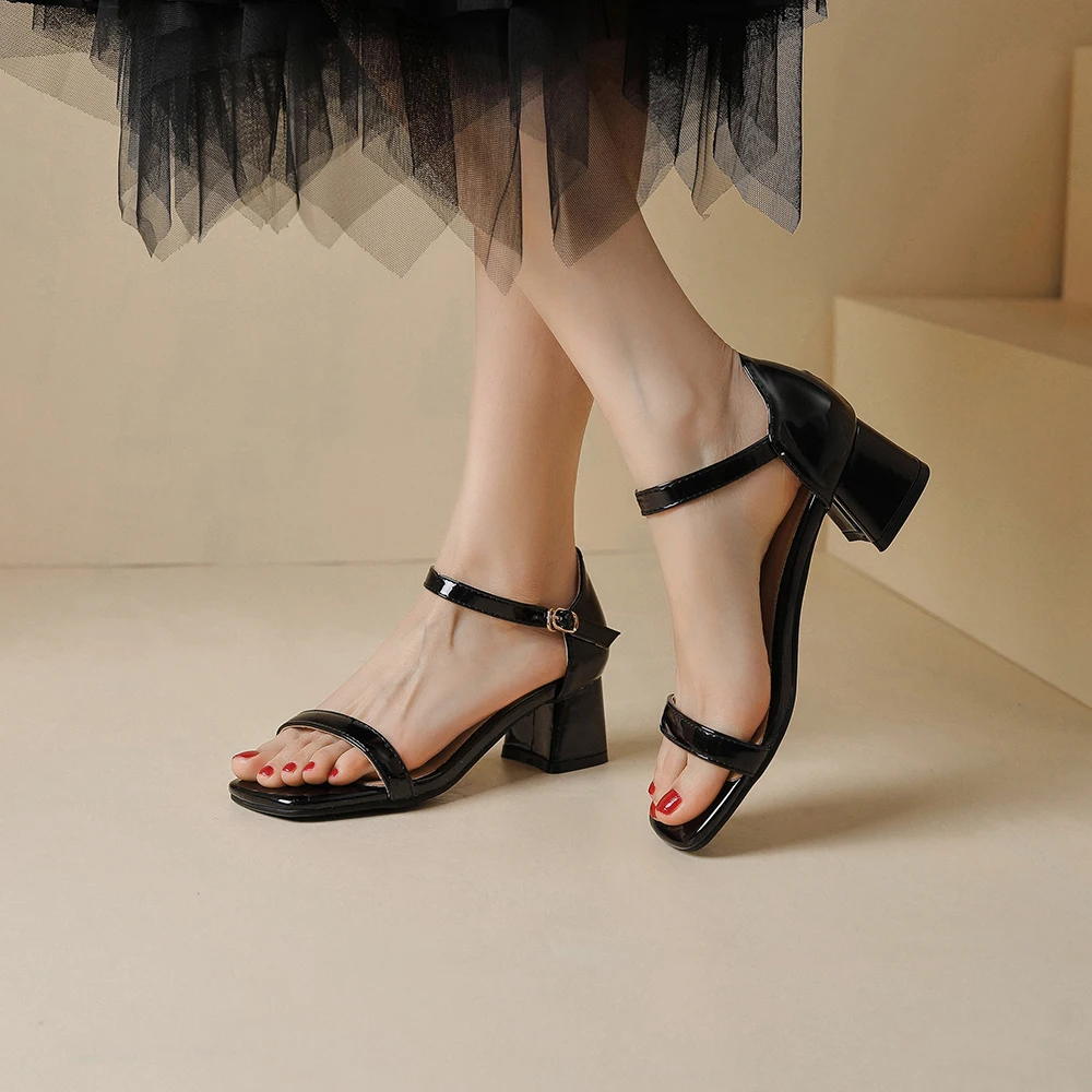 Women Patent Leather Sandals Party Office Solid Square Heel Female Shoe Mid-Heels Narrow Band Lady Shoes Buckle Strap Nude Shoes