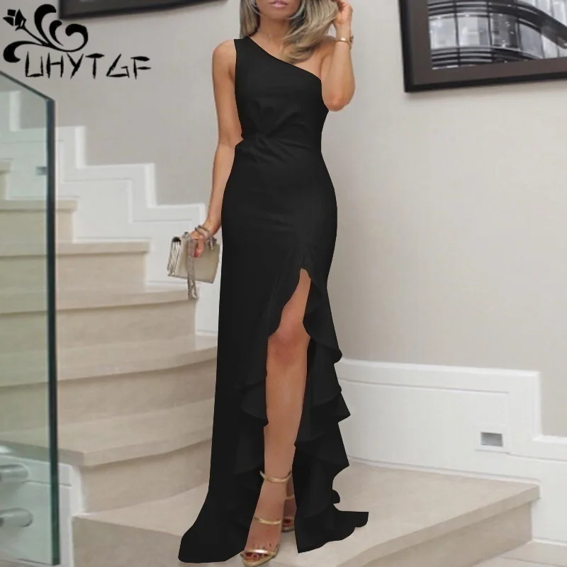 

UHYTGF Dress Womens Clothing Summer New Fashion Oblique Shoulder Slit Lotus Leaf Edge Large Swing Evening Gown Female Long Skirt