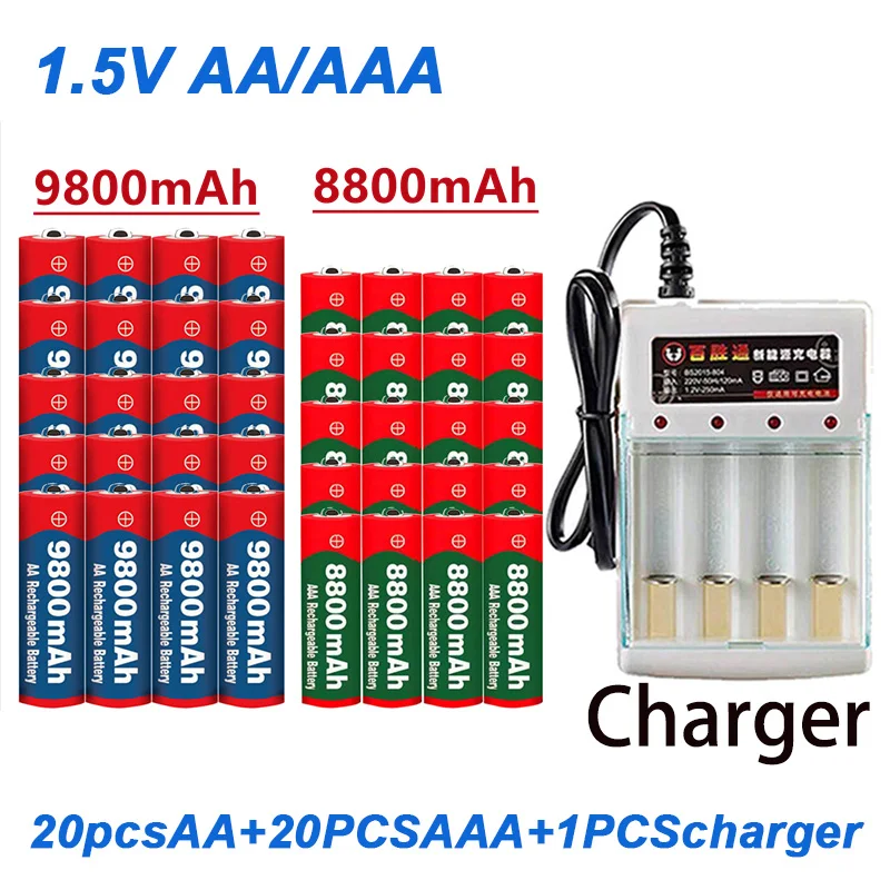 

New 1.5V AA 9800Mah AAA 8800Mah Alkaline Rechargeable Battery with Charger, for Computer Clocks, Video Games, Digital Cameras