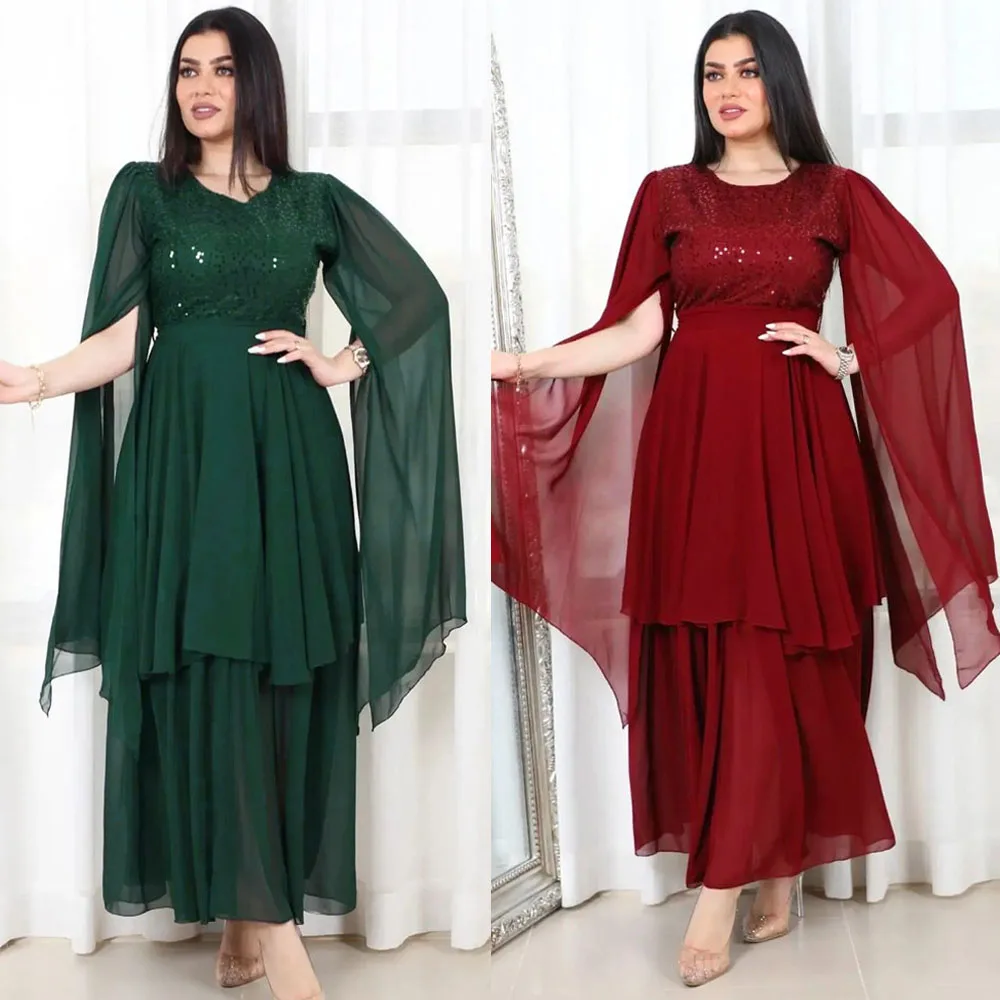 

Dubai Abaya Muslim Women Sequin Evening Dress Kaftan Ramadan Arab Oman Moroccan Party Gown Cape Sleeve Robe Eid Mubarak Djellaba