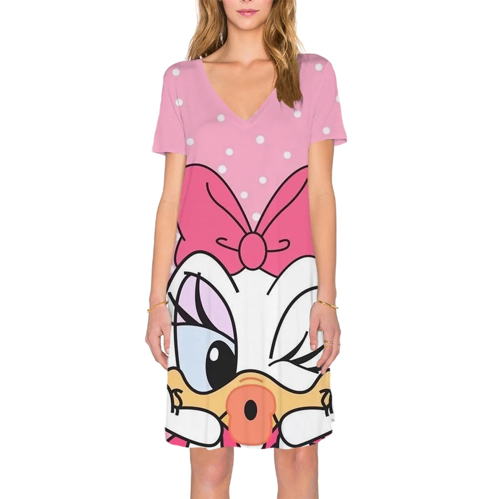 

2022 Summer Elegant Women's Disney Mickey Mouse Printed Painting Dresses Knee Length V Neck Loosen Casual Dress New Design