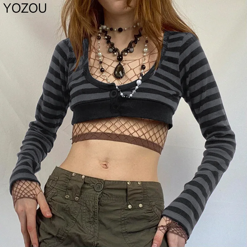 YOZOU 2022 Striped Long Sleeve Crop Top Bottons Up Cropped Tee Tshirt for Girl Y2k Grunge Clothes Female Women Rave Outfits |