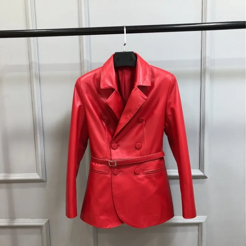 

2023 Women Sashes Double Breasted Sheepskin Suit Coat Streetwear Retro Slim Fit 100% Genuine Leather Jacket OL Ladies Short Jac