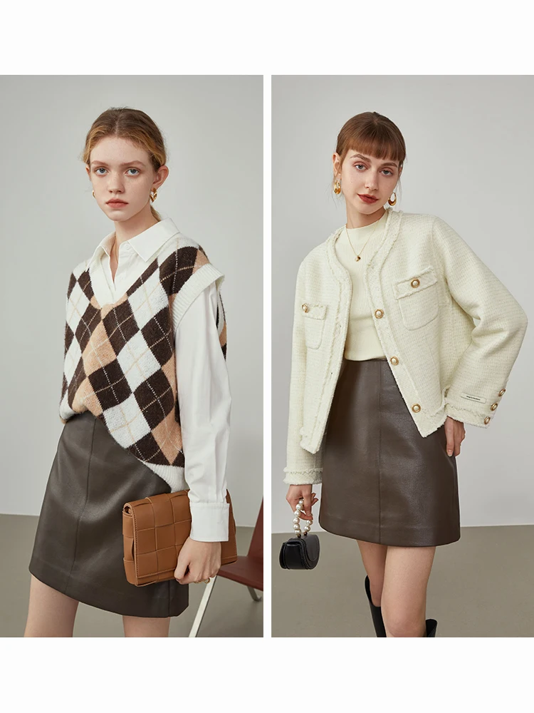 Женская коричневая кожаная юбка FSLE зима 2021 новая Офисная мини-юбка А-силуэта