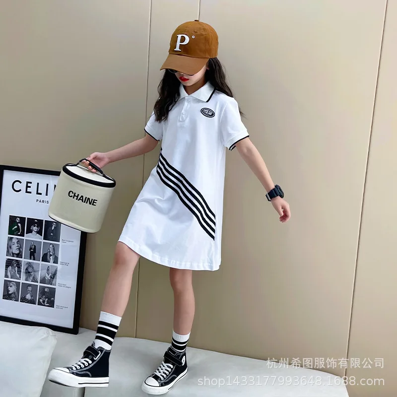 

Girls dress 2022 summer new striped collar short-sleeved sweater A-line dress