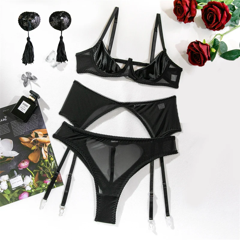 

Women Sexy Bra Set 4pcs Erotic Lingerie Open Cup Brassiere Underwire Push Up Lingerie Hollow Fancy Panties See Through Underwear