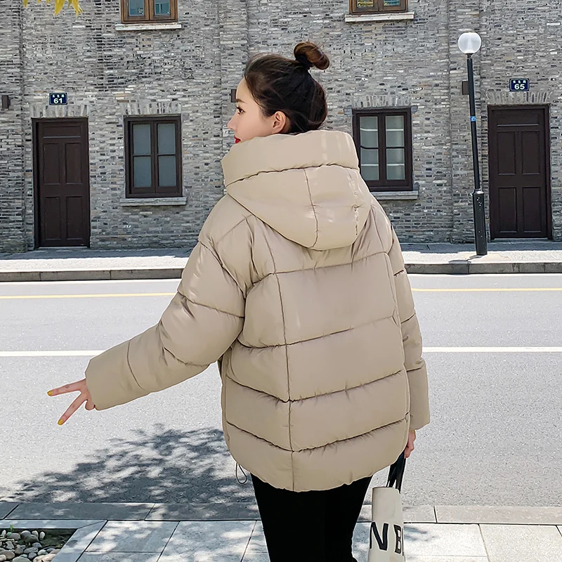 Stand Collar Solid Color Drawstring Jacket Women's Zipper Loose Cotton Coat Autumn Winter Ladies Warm Hooded Parka Coat Women