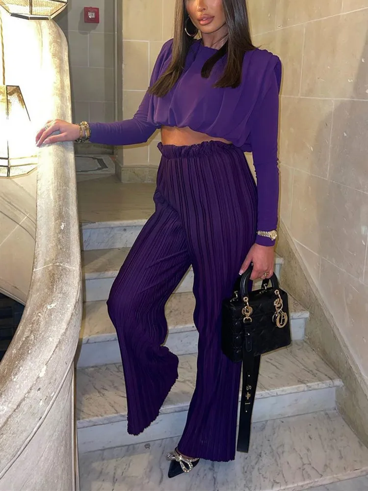TRAF Zar 2022 Purple Crop Top Women Pleated Long Sleeve Top With Shoulder Pads Elegant Female Blouses Ruched Vintage Blouse