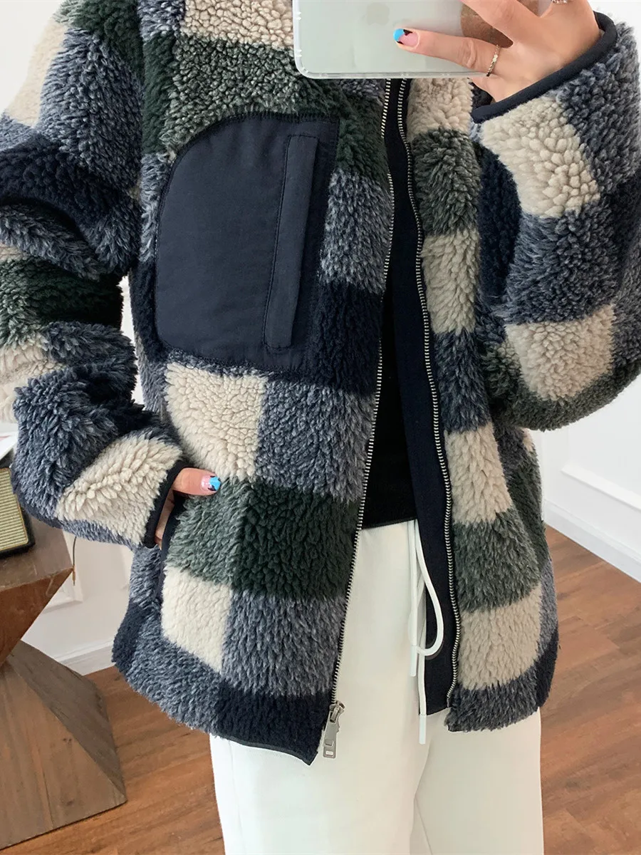 

Women's Jacket Turtleneck Plaid Fleece Loose Casual Coat