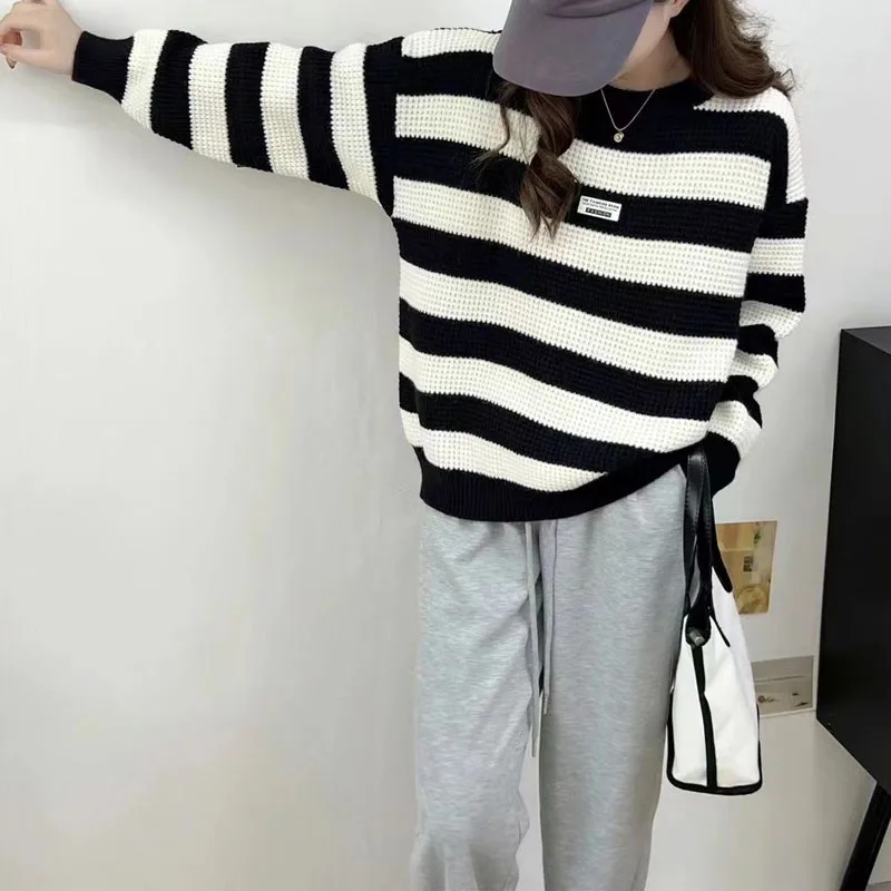 

Женский трикотажный свитер в полоску, свободный Универсальный свитер с длинным рукавом и круглым вырезом, в Корейском стиле, осень