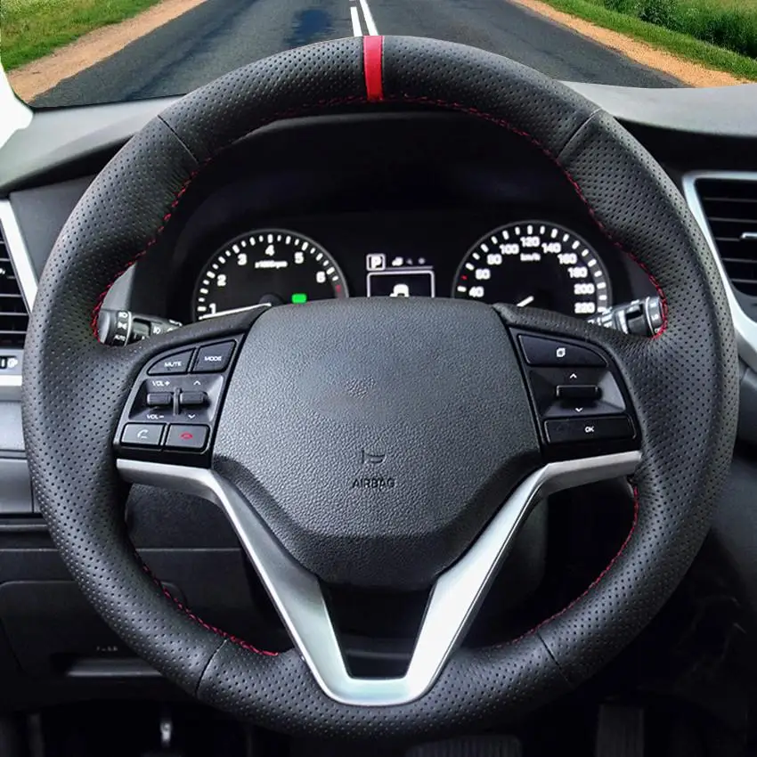 

Hand-stitched Black Artificial Leather Red Marker No-slip Car Steering Wheel Cover For Hyundai Tucson 3 2015-2019