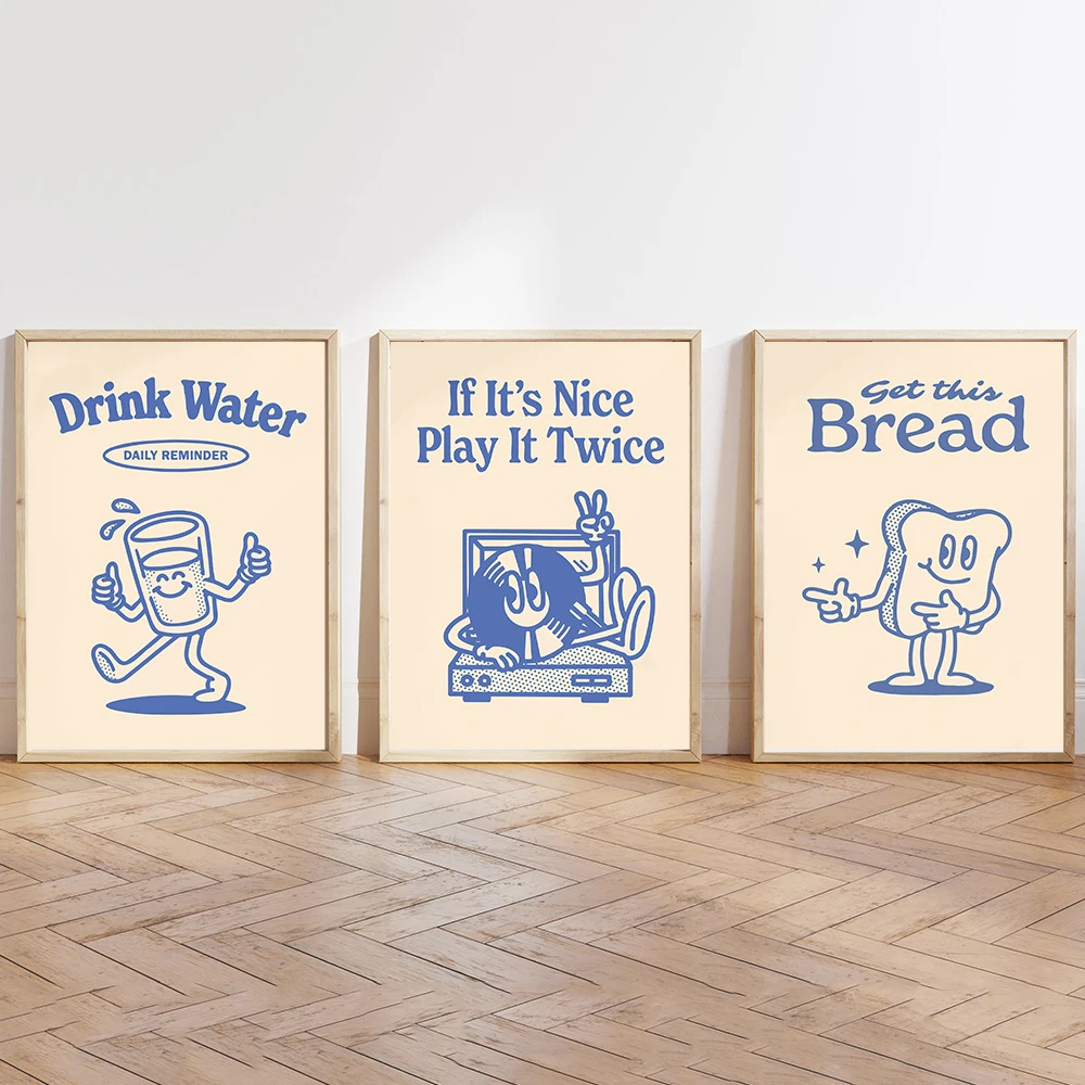 More Espresso Less Depresso Bread Poster Print Record Player Retro Cartoon Character Canvas Painting Wall Art Picture Room Decor