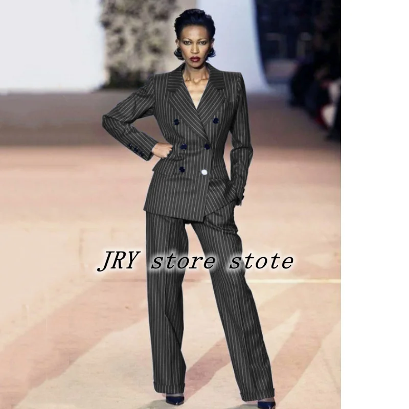 Women's Suit 2-piece Suit Fashionable Striped Double-breasted Slim Fit Handsome Lapel Collar Heroic Suitable for Business Ladies