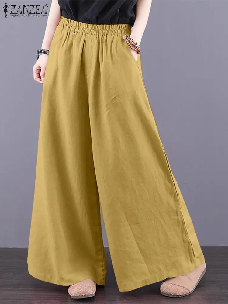 

Винтажные широкие брюки ZANZEA 2023, женские модные однотонные брюки, женские повседневные праздничные брюки, Осенние эластичные хлопковые брюки большого размера Палаццо