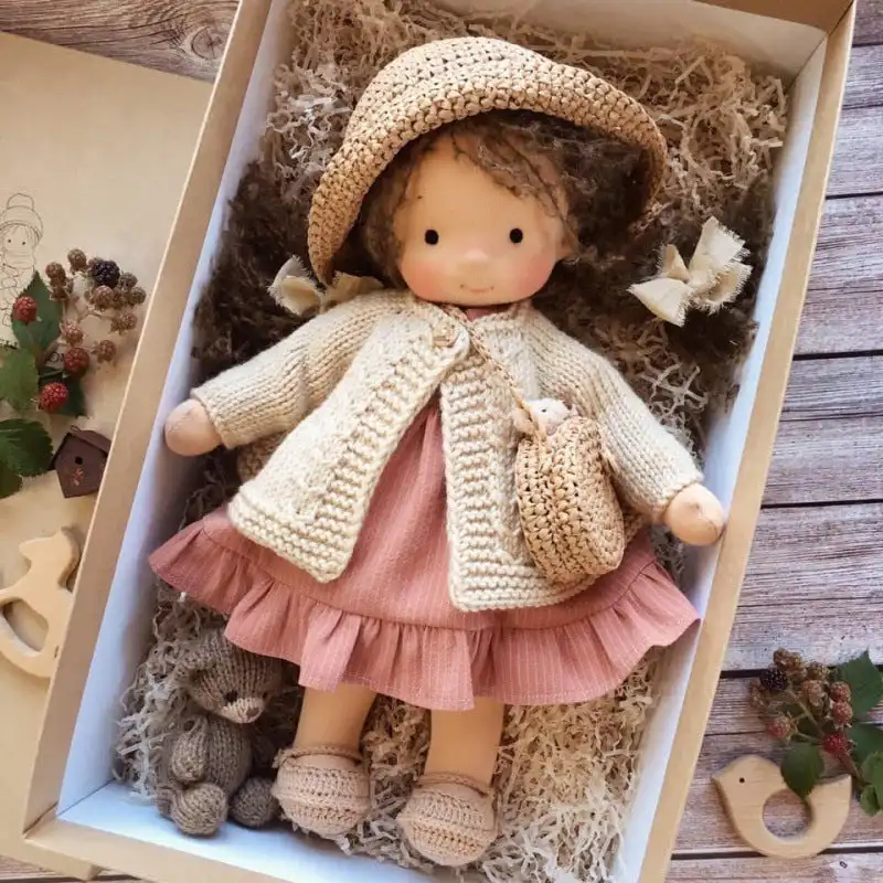 

12 Inches Handmade Waldorf Doll Organic Fiber Doll Long Hair Doll Eyes and Matching Clothing, Natural Cute Mini Cotton Doll