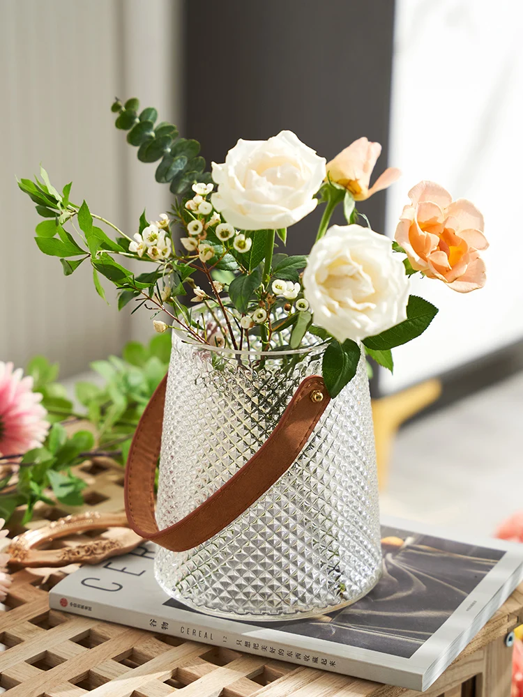

Glass Vase Transparent Ornaments Home Vase Leather Hand-held Flower Basket Creative Desktop Living Room Decoration Home Decor