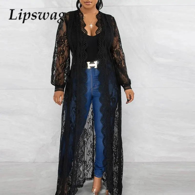 

Женский кардиган с кружевом, однотонный Повседневный длинный кардиган с вырезами, свободная верхняя одежда для офиса, весна-лето