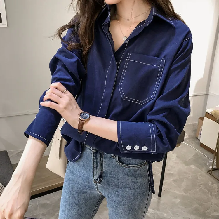 Hot Sale Women Shirts Button Pockets Retro BF Casual Korean Style Office Lady Fashion Simple Solid All-match Loose Daily Women