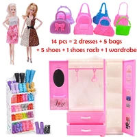 kieka closet for barbie dolls fashion toy 14pcs 1 wardrobe 2 dresses 5 bags 5 shoes 1 shoes rack dollhouse accessories