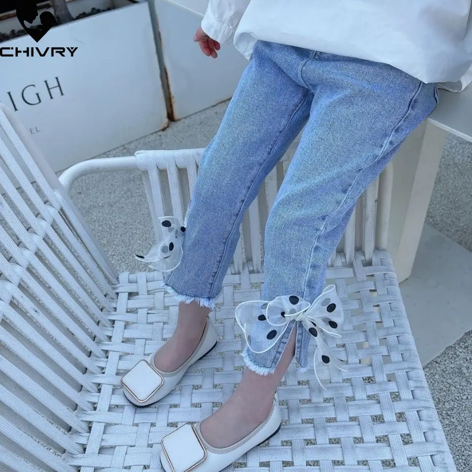

New 2022 Kids Fashion Jeans Trousers Girls Denim Pants Baby Girls Dot Lace Flower Jeans Spring Autumn Jeans Long Pants Clothing