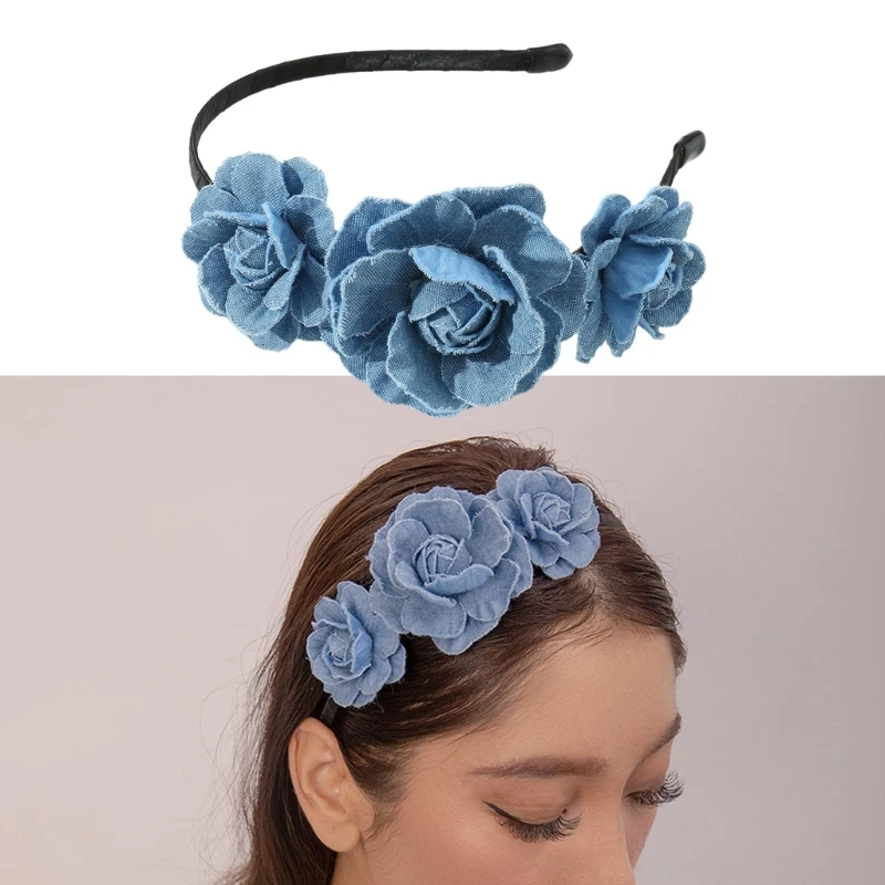 

Rose Shape Blue Headbands for Woman Girl Washed-Denim Hairband for Spa Hair Hoop Multipurpose Hairband for Taking Photo