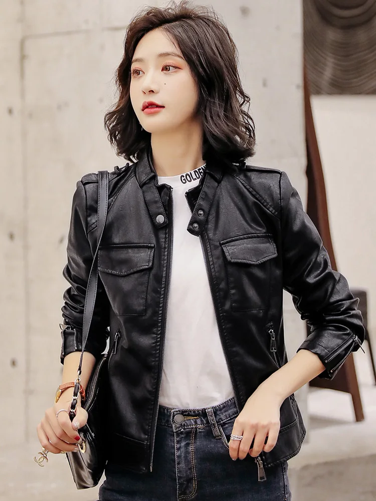 New Women Chic Pink Leather Jacket Spring Autumn Fashion Stand Collar Slim Short Sheepskin Jacket Split Leather Biker Outerwear