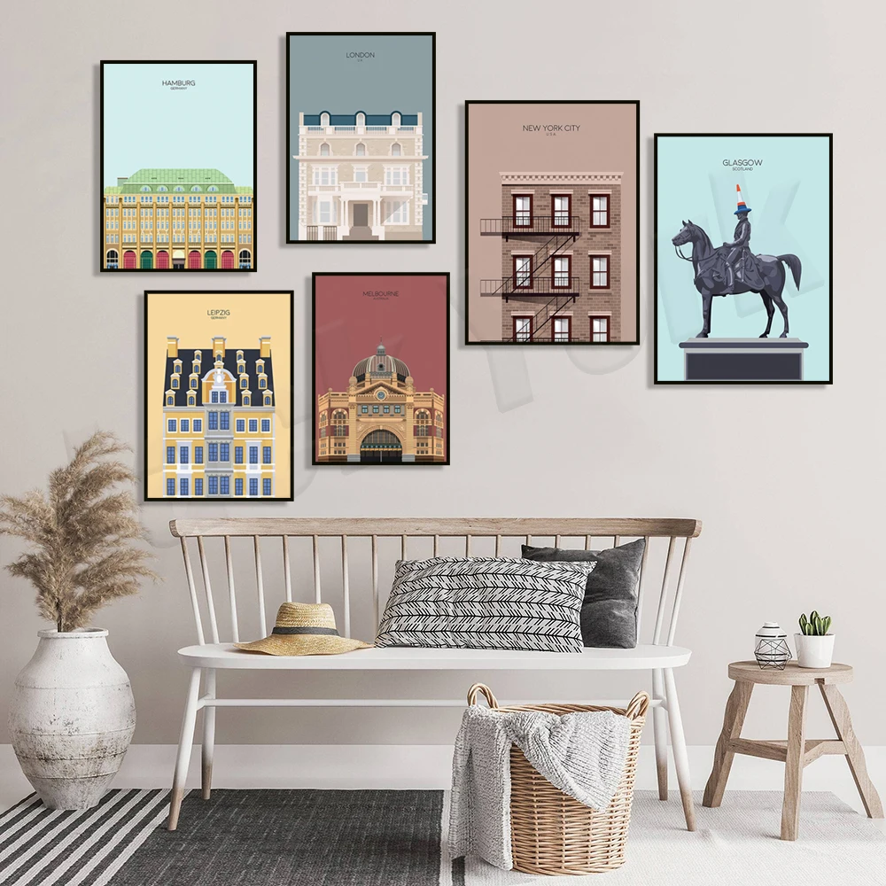 Токио, Лондон, лейпсон, Нью-Дели, Мельбурн, Шотландия, Париж, Москва, Нью-Йорк, Стокгольм, Сидней, архитектурный постер для путешествий