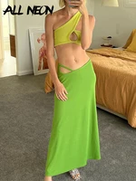 allneon summer 90s vintage one shoulder crop tops and a line green long skirt suits y2k fashion hollow out 2 piece matching set