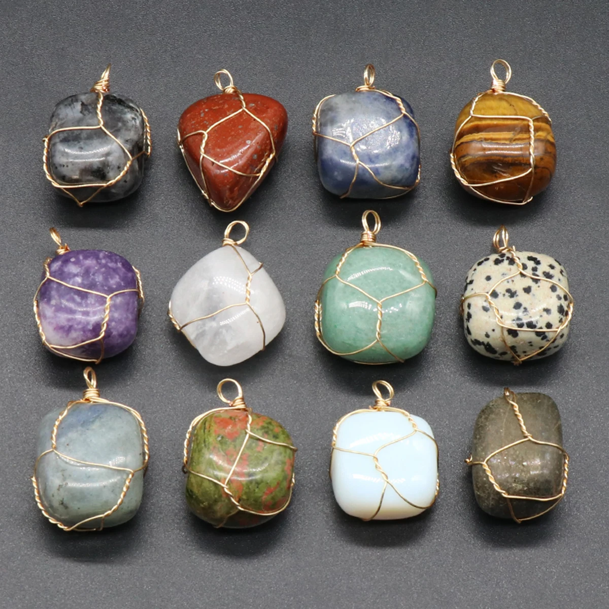 

New Natural Stone Pendants Gold Color Wire Wrap Tiger Eye Amethysts Opal for Jewelry Making Diy Women Necklace Earrings Gifts