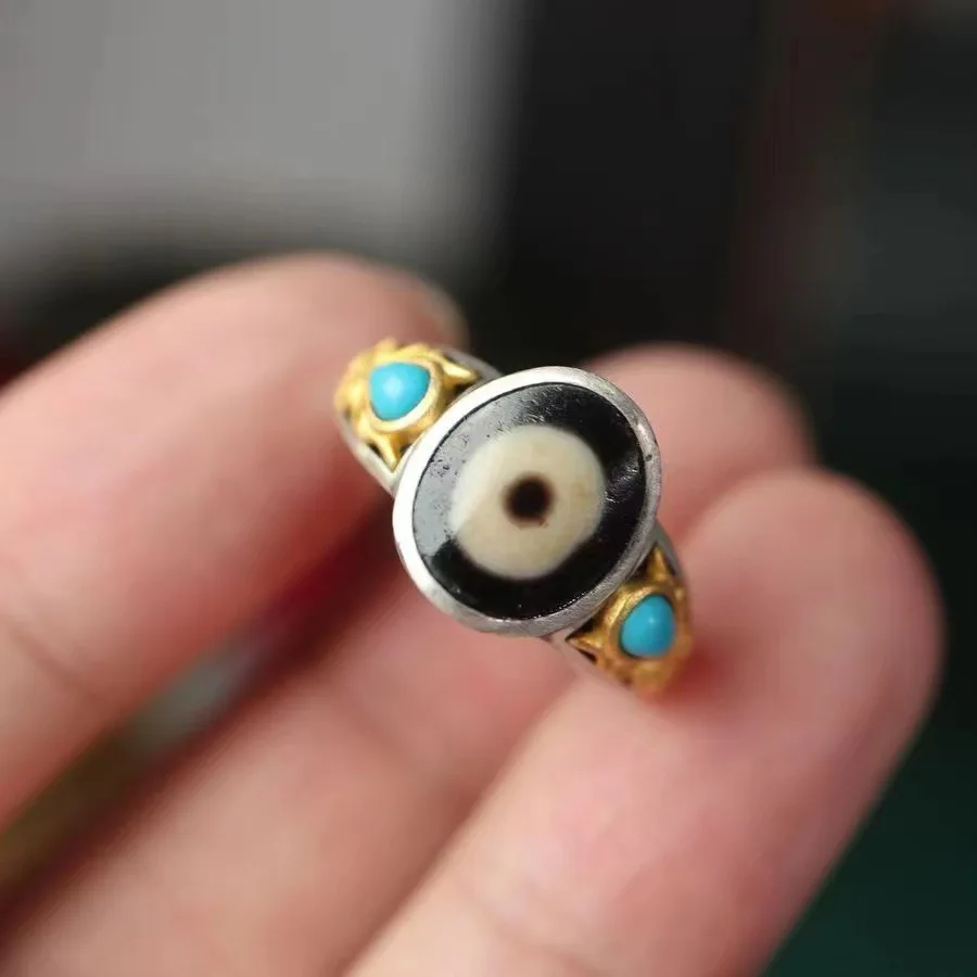 

LongLongjinsu S925 Seiko инкрустированные сломанными бусинами один глаз Tianzhu серебряное кольцо в этническом стиле мужское и женское кольцо Tianzhu