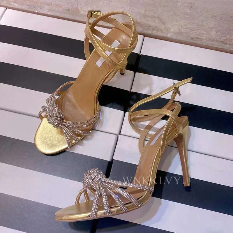 

2022 Runway Thin High Heel Sandals Women Narrow Band Real Leather Ankle Strap Shiny Rhinestone Sandalias Summer Sexy Party Shoes