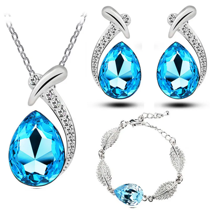 

Water Drop Bridal Austrian Crystal Jewelry Sets Fashion Clover Charm Blue Stone Necklac Earring Bracelet Luxuri Woman Gift Set