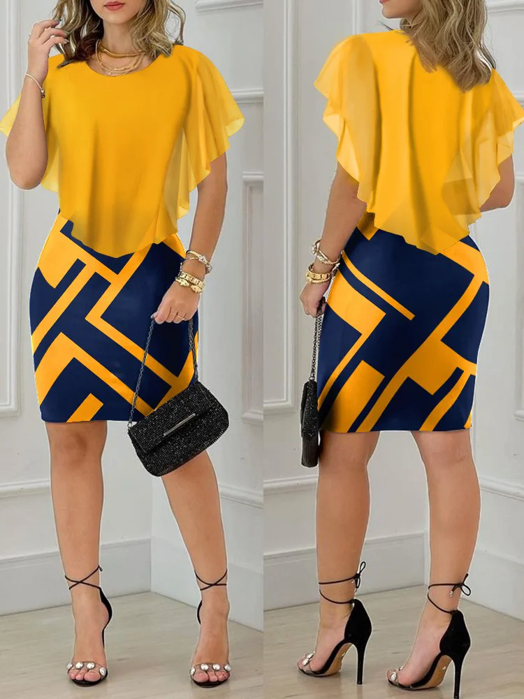 

Geometric Print Ruffle Hem Bodycon Dress