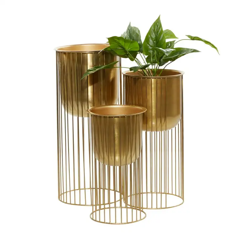 

24", 20", 16"H Deep Recessed Dome Gold Metal Planter with Elevated Caged Stand (3 Count)