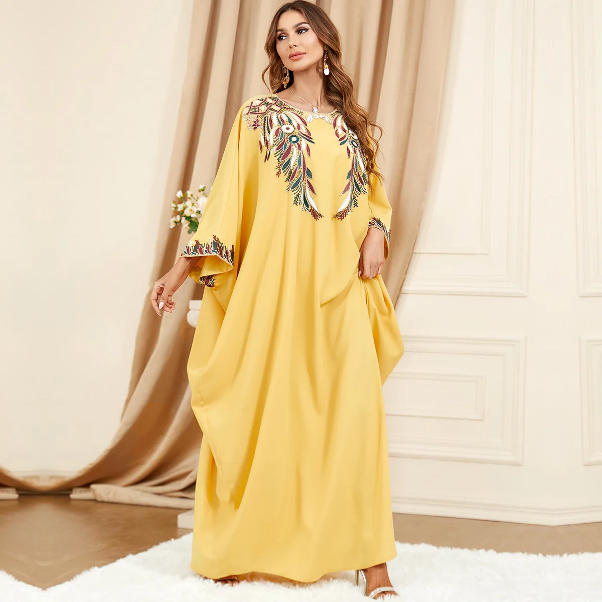 Ramadan African Yellow Dresses Islamic Clothing For Women Dubai Abaya Turkey Arabic Muslim Long Maxi Dress