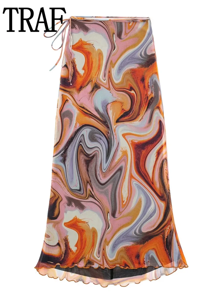 

TRAF Print Tulle Skirts Set High Waist Skirt Women Fall Vintage Long Skirts Woman Fashion 2022 Streetwear Ruffle Midi Skirt