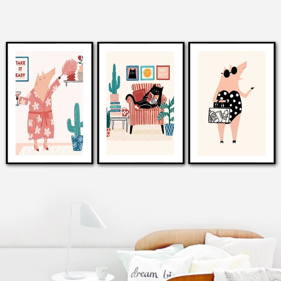 Настенная роспись с забавными животными чтение кошка ванночка свинья шоппинг