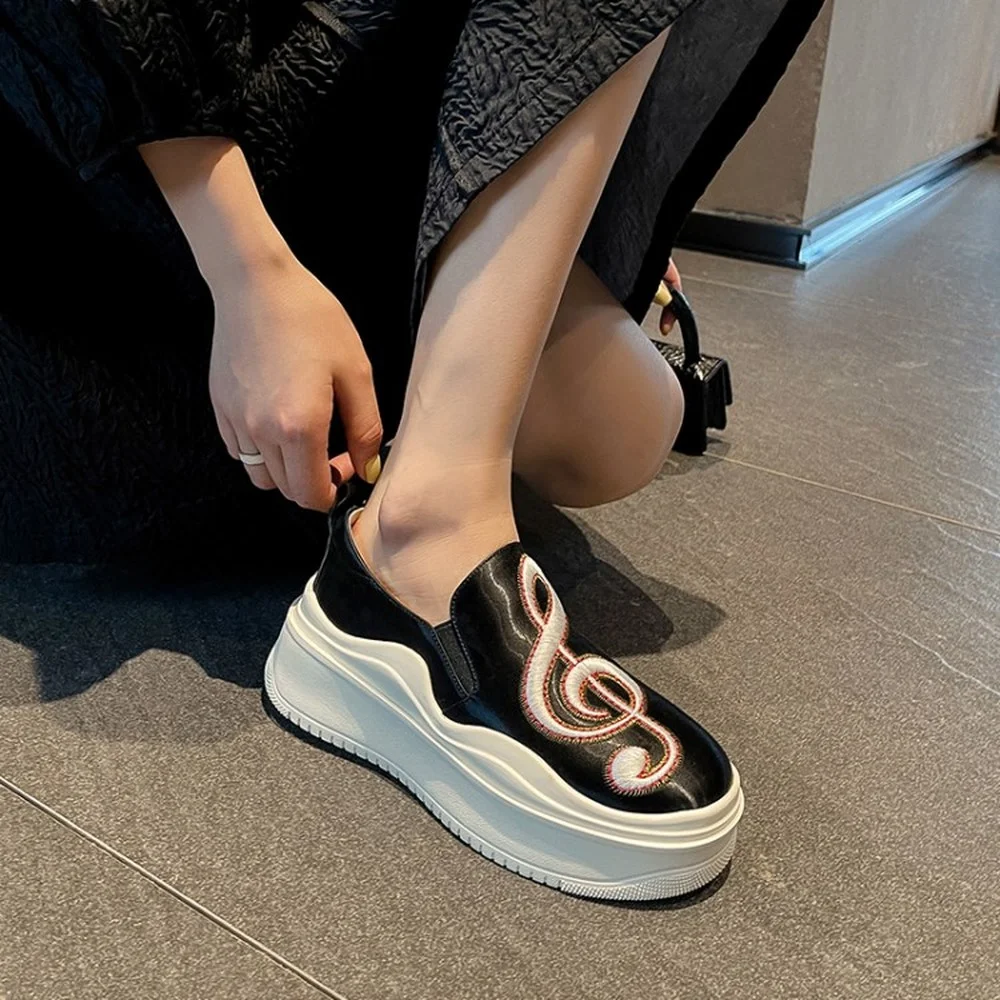 

OEING Womens Note Embroideried Loafers Genuine Leather Platform Wedge High Heel Round Toe Casual Shoes New Slip on Black White