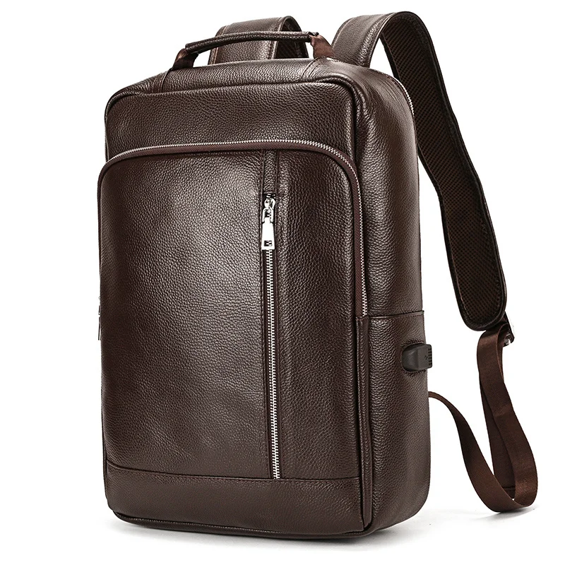 

Черный кожаный рюкзак для мужчин, дорожный ранец из натуральной коровьей кожи, школьный деловой портфель для ноутбука 15,6 дюйма с USB-разъемом
